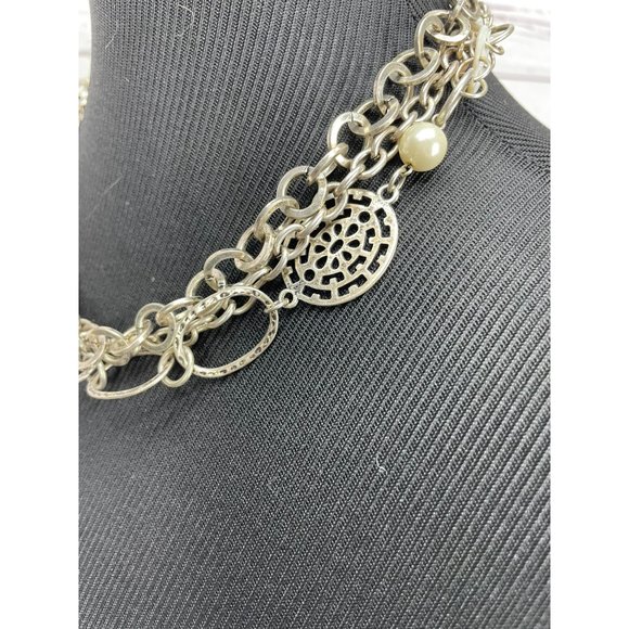 Beautiful Multi Layered Silver Metal Chain Round Pearl Button Necklace - Picture 5 of 8